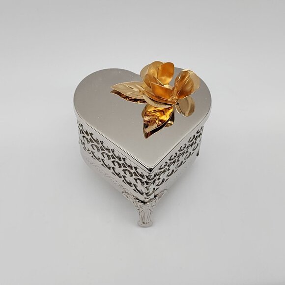 Silver Plated Heart Shaped Trinket Jewelry Box Filigree Brass Rose Lid VTG - Picture 1 of 9